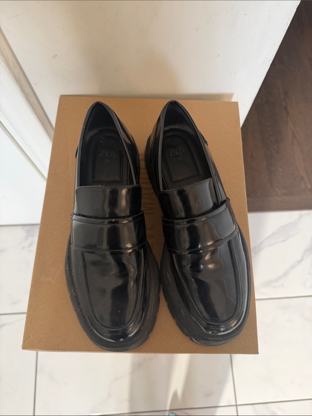 Zara Black Patent Leather Penny Loafers